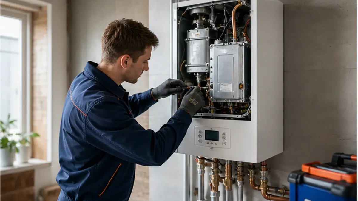 Мастер НГК обслуживает газовый котел в Нижнем Новгороде