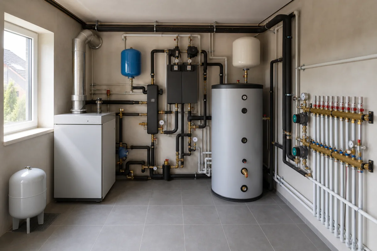 Иллюстрация котельной с газовым котлом и бойлером косвенного нагрева
